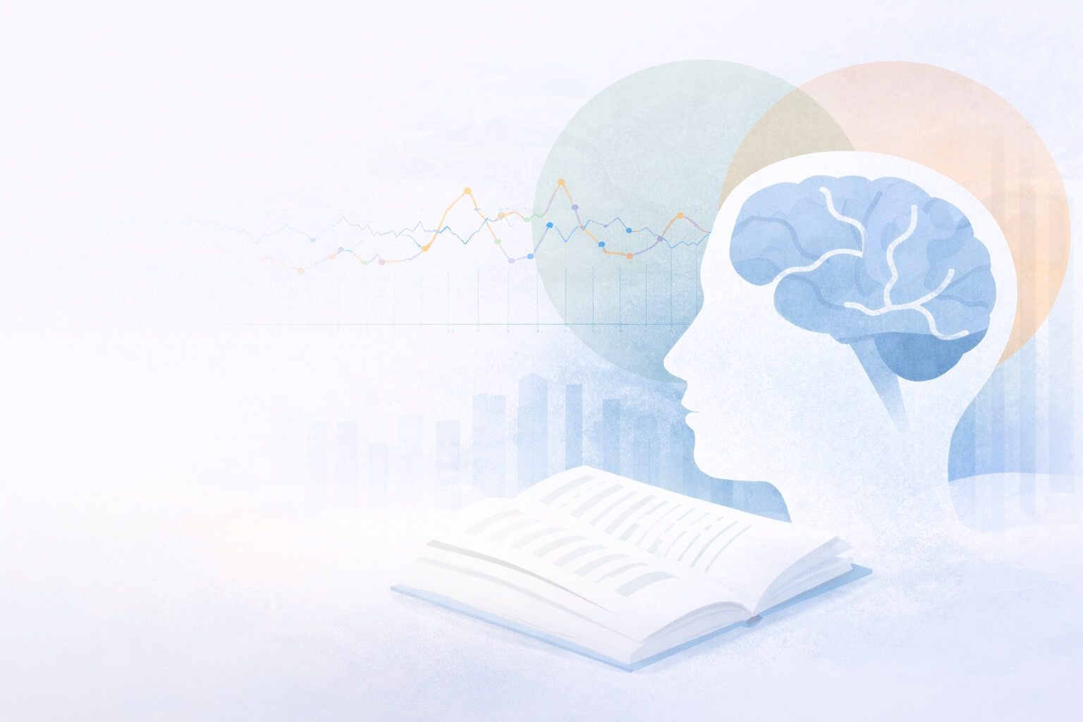 Illustration av en mänsklig siluett med hjärna, omgiven av mjuka datamönster och en öppen bok – symboliserar kunskapsbaserad förståelse av empati och känslighet.