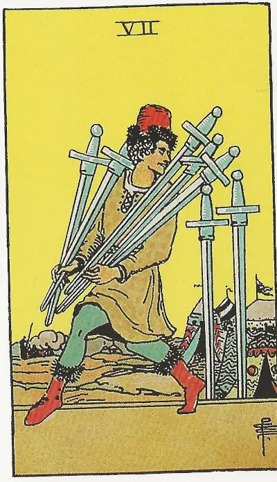 Bild som visar vad sju i svärd i tarot betyder